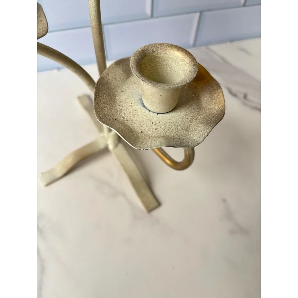 Vintage Metal 3‎ Arm Candelabra Distressed Cream Gold Scalloped Centerpiece